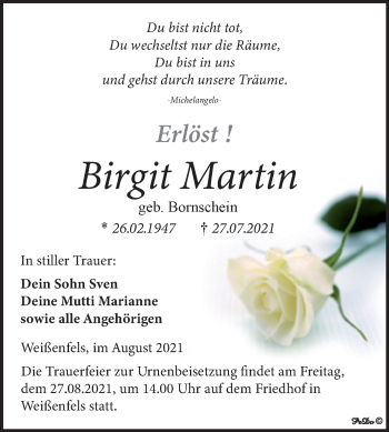 Traueranzeige von Birgit Martin von Trauerkombi Weißenfels