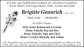 Traueranzeige von Brigitte Gennrich von Trauerkombi Dessau