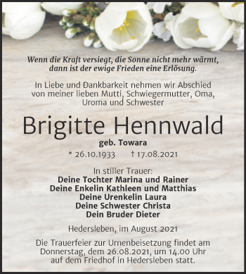 Traueranzeige von Brigitte Hennwald von Trauerkombi Mansfelder Land