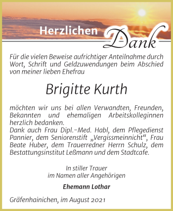 Traueranzeige von Brigitte Kurth von Trauerkombi Wittenberg