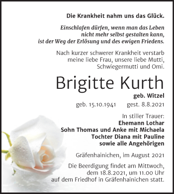 Traueranzeige von Brigitte Kurth von Trauerkombi Wittenberg