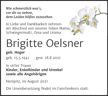 Traueranzeige von Brigitte Oelsner von Trauerkombi Merseburg