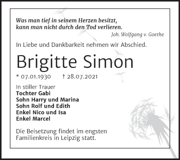 Traueranzeige von Brigitte Simon von Mitteldeutsche Zeitung Merseburg/Querfurt