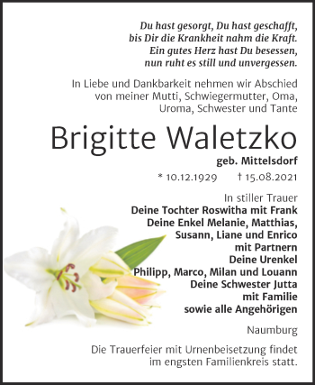 Traueranzeige von Brigitte Waletzko von Wochenspiegel Naumburg/Nebra