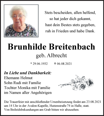 Traueranzeige von Brunhilde Breitenbach von Mitteldeutsche Zeitung Halle/Saalkreis