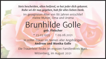 Traueranzeige von Brunhilde Golle von Trauerkombi Wittenberg