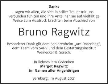 Traueranzeige von Bruno Ragwitz von Trauerkombi Bernburg