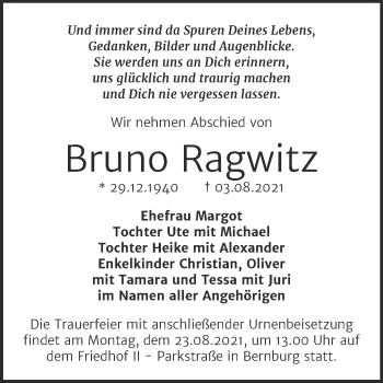 Traueranzeige von Bruno Ragwitz von Trauerkombi Bernburg