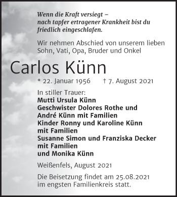 Traueranzeige von Carlos Künn von Trauerkombi Weißenfels