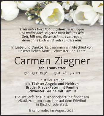 Traueranzeige von Carmen Ziegner von Trauerkombi Mansfelder Land