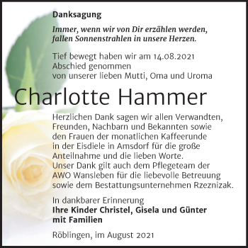 Traueranzeige von Charlotte Hammer von Trauerkombi Mansfelder Land