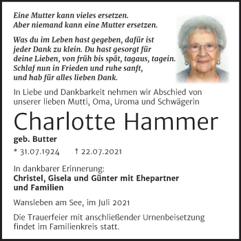 Traueranzeige von Charlotte Hammer von Trauerkombi Mansfelder Land