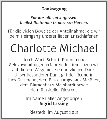 Traueranzeige von Charlotte Michael von Trauerkombi Sangerhausen