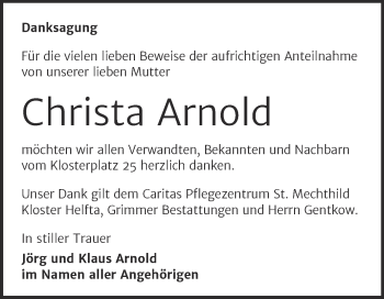 Traueranzeige von Christa Arnold von Trauerkombi Mansfelder Land