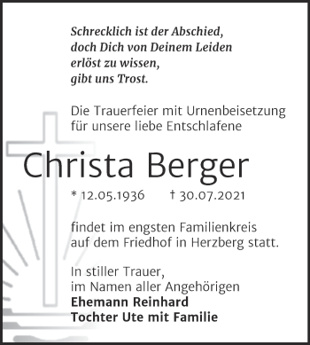 Traueranzeige von Christa Berger von Trauerkombi Wittenberg