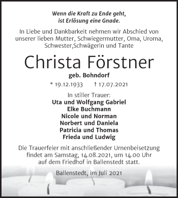 Traueranzeige von Christa Förstner von Trauerkombi Quedlinburg