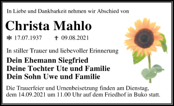 Traueranzeige von Christa Mahlo von Trauerkombi Wittenberg