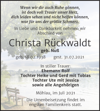 Traueranzeige von Christa Rückwaldt von Trauerkombi Wittenberg