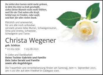 Traueranzeige von Christa Wegener von Trauerkombi Wittenberg