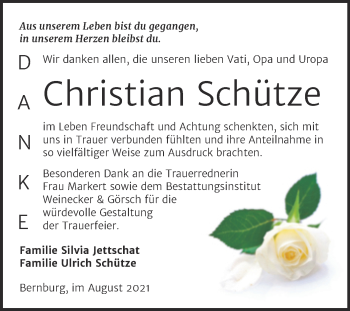 Traueranzeige von Christian Schütze von Trauerkombi Bernburg