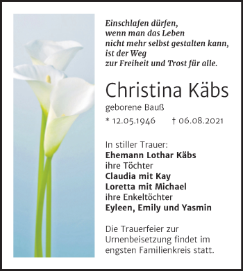 Traueranzeige von Christina Käbs von Trauerkombi Weißenfels
