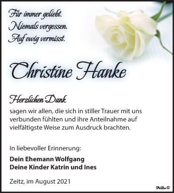 Traueranzeige von Christine Hanke von Trauerkombi Zeitz
