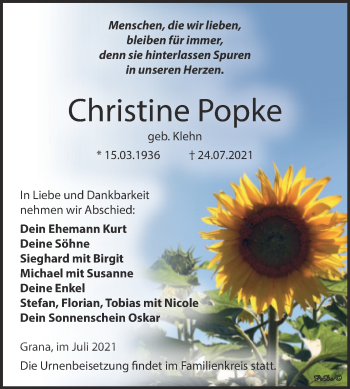 Traueranzeige von Christine Popke von Trauerkombi Zeitz