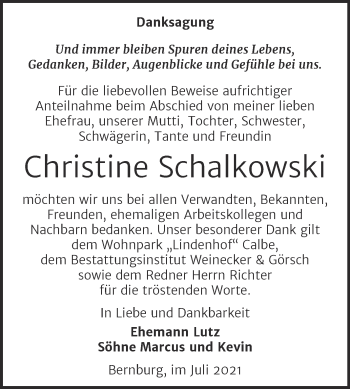 Traueranzeige von Christine Schalkowski von Trauerkombi Bernburg