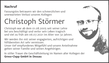 Traueranzeige von Christoph Störmer von Mitteldeutsche Zeitung Dessau-Roßlau
