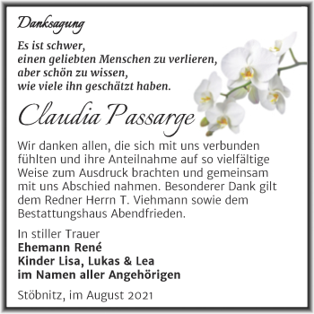 Traueranzeige von Claudia Passarge von Trauerkombi Merseburg