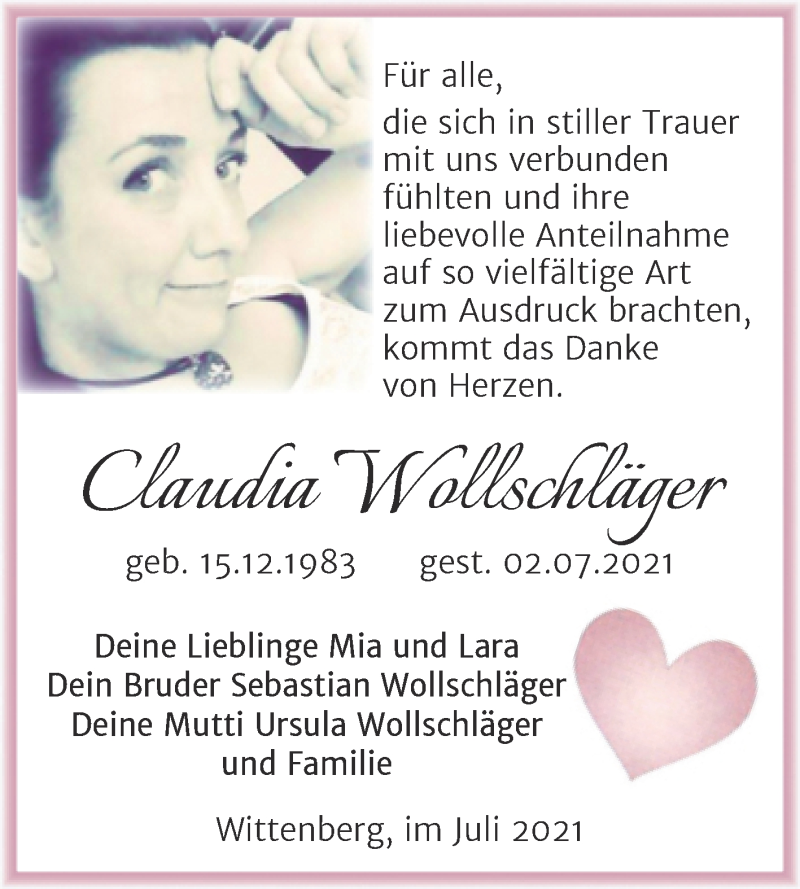 Traueranzeige für Claudia Wollschläger vom 31.07.2021 aus Trauerkombi Wittenberg