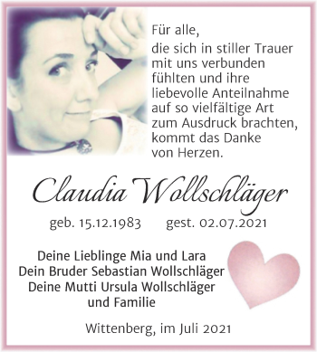 Traueranzeige von Claudia Wollschläger von Trauerkombi Wittenberg