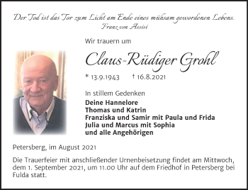 Traueranzeige von Claus-Rüdiger Grohl von Mitteldeutsche Zeitung Halle/Saalkreis