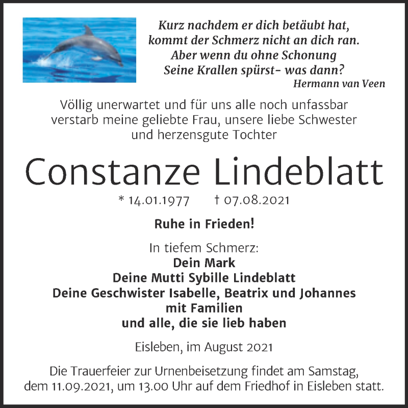  Traueranzeige für Constanze Lindeblatt vom 28.08.2021 aus Trauerkombi Mansfelder Land