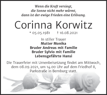 Traueranzeige von Corinna Korwitz von Trauerkombi Bernburg