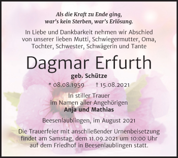 Traueranzeige von Dagmar Erfurth von Trauerkombi Bernburg