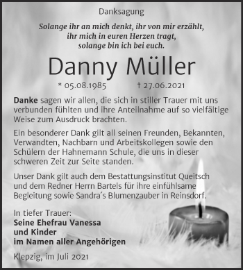 Traueranzeige von Danny Müller von Trauerkombi Köthen
