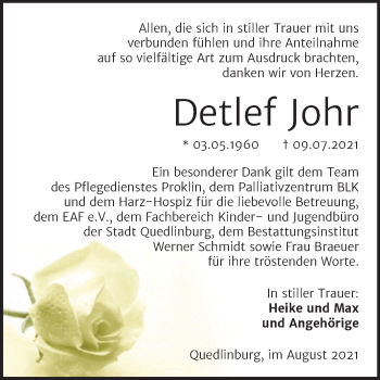 Traueranzeige von Detlef Johr von Trauerkombi Quedlinburg