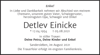 Traueranzeige von Detlev Einicke von Trauerkombi Mansfelder Land