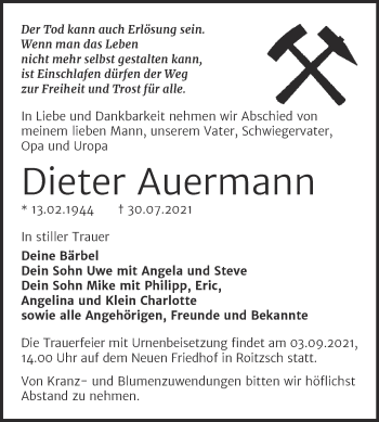Traueranzeige von Dieter Auermann von Trauerkombi Bitterfeld