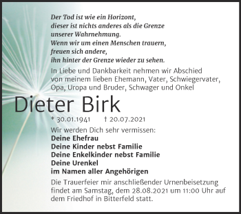 Traueranzeige von Dieter Birk von Trauerkombi Bitterfeld