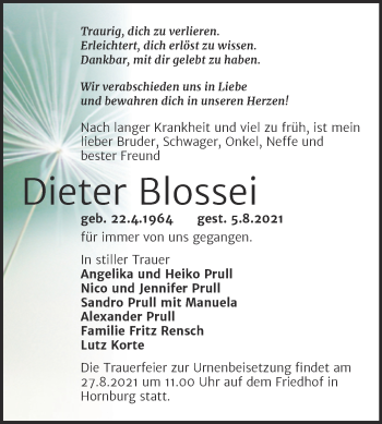 Traueranzeige von Dieter Blossei von Trauerkombi Mansfelder Land