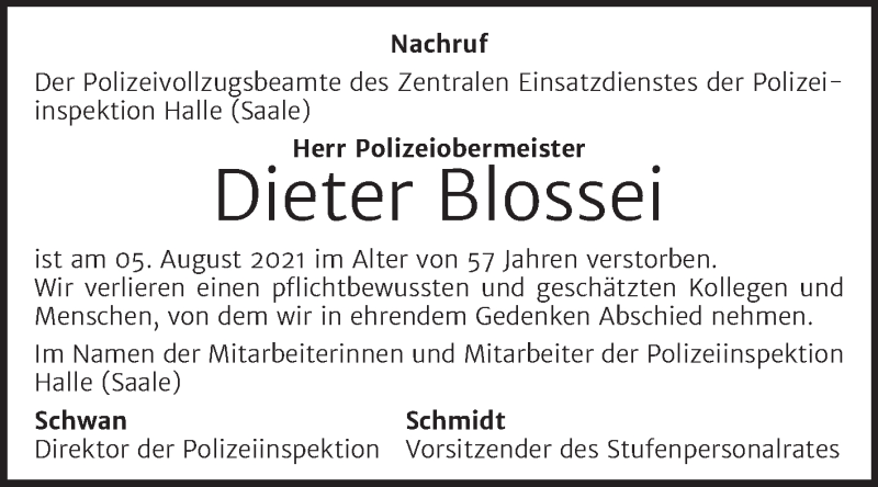 Traueranzeige für Dieter Blossei vom 12.08.2021 aus Mitteldeutsche Zeitung Mansfelder Land