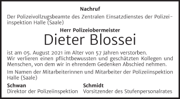 Traueranzeige von Dieter Blossei von Mitteldeutsche Zeitung Mansfelder Land