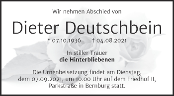 Traueranzeige von Dieter Deutschbein von Trauerkombi Bernburg