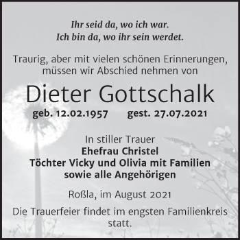 Traueranzeige von Dieter Gottschalk von Trauerkombi Sangerhausen