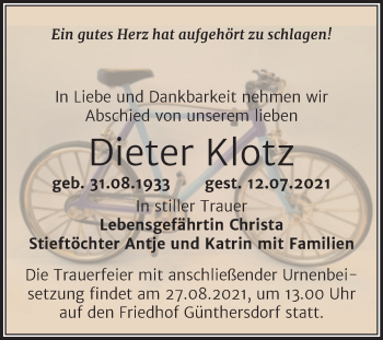 Traueranzeige von Dieter Klotz von Trauerkombi Zeitz