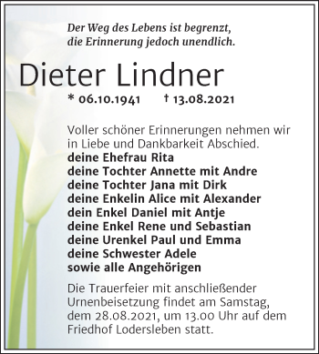 Traueranzeige von Dieter Lindner von Trauerkombi Merseburg