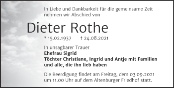 Traueranzeige von Dieter Rothe von Trauerkombi Bernburg