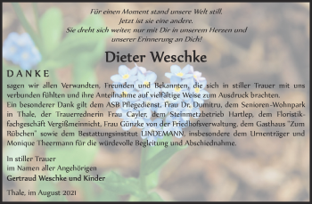 Traueranzeige von Dieter Weschke von Trauerkombi Quedlinburg